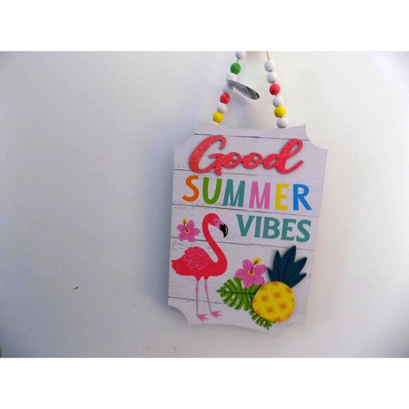 NEW Flamingo Wall Art Good Summer Vibes Decor Florida Tropical Wood Beads - Picture 1 of 5